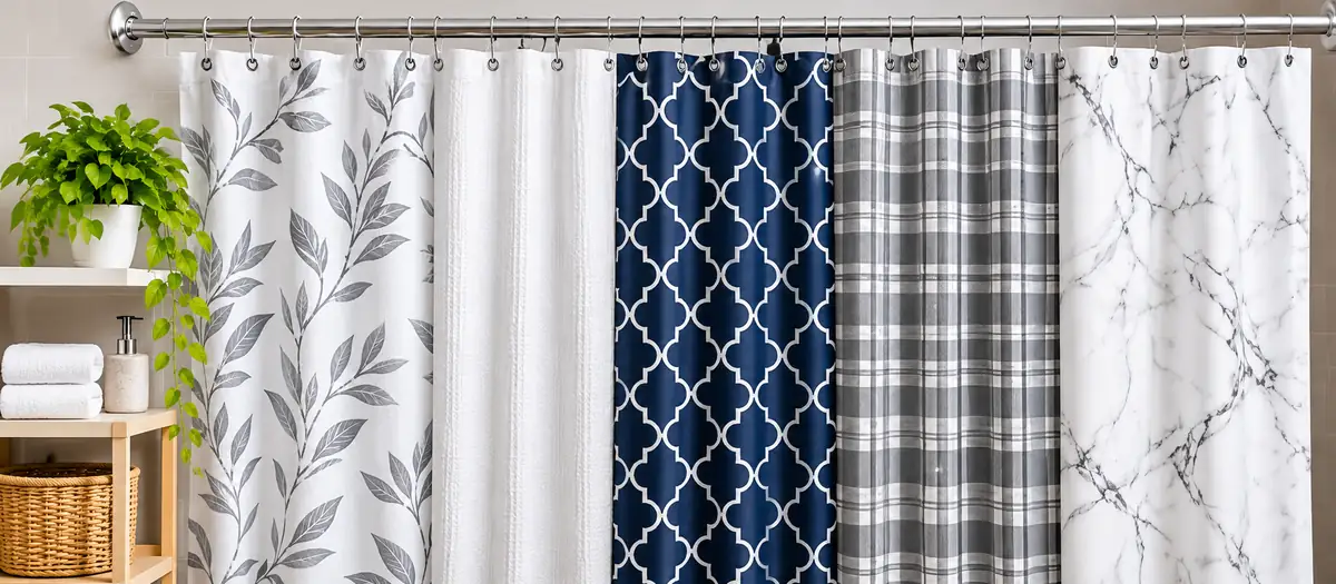 Shower curtains in different colours and patterns styled in a modern bathroom