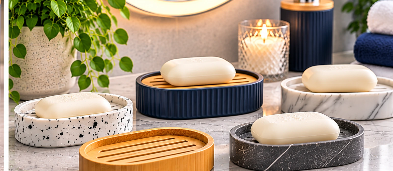 Range of navy, white marble-effect, terrazzo and bamboo soap dishes arranged on a bathroom vanity