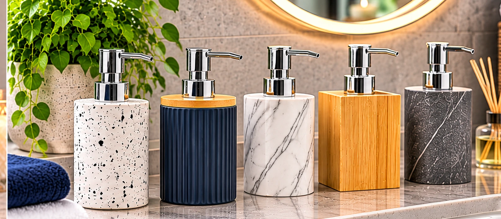 Range of navy, white, marble-effect, bamboo and charcoal soap dispensers arranged on a bathroom vanity