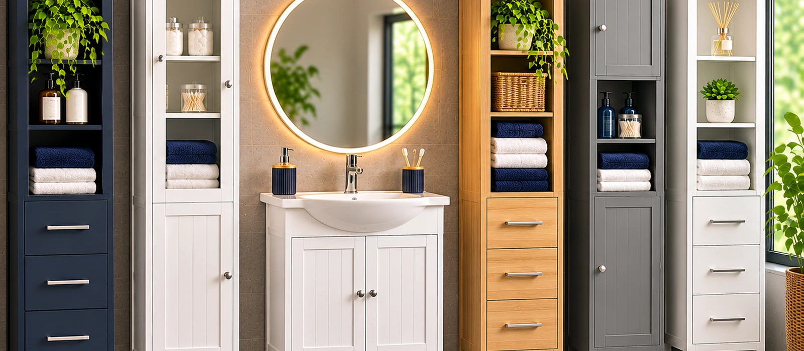 Tall bathroom storage units in white, navy, grey and oak-effect finishes with shelves, drawers and cupboards