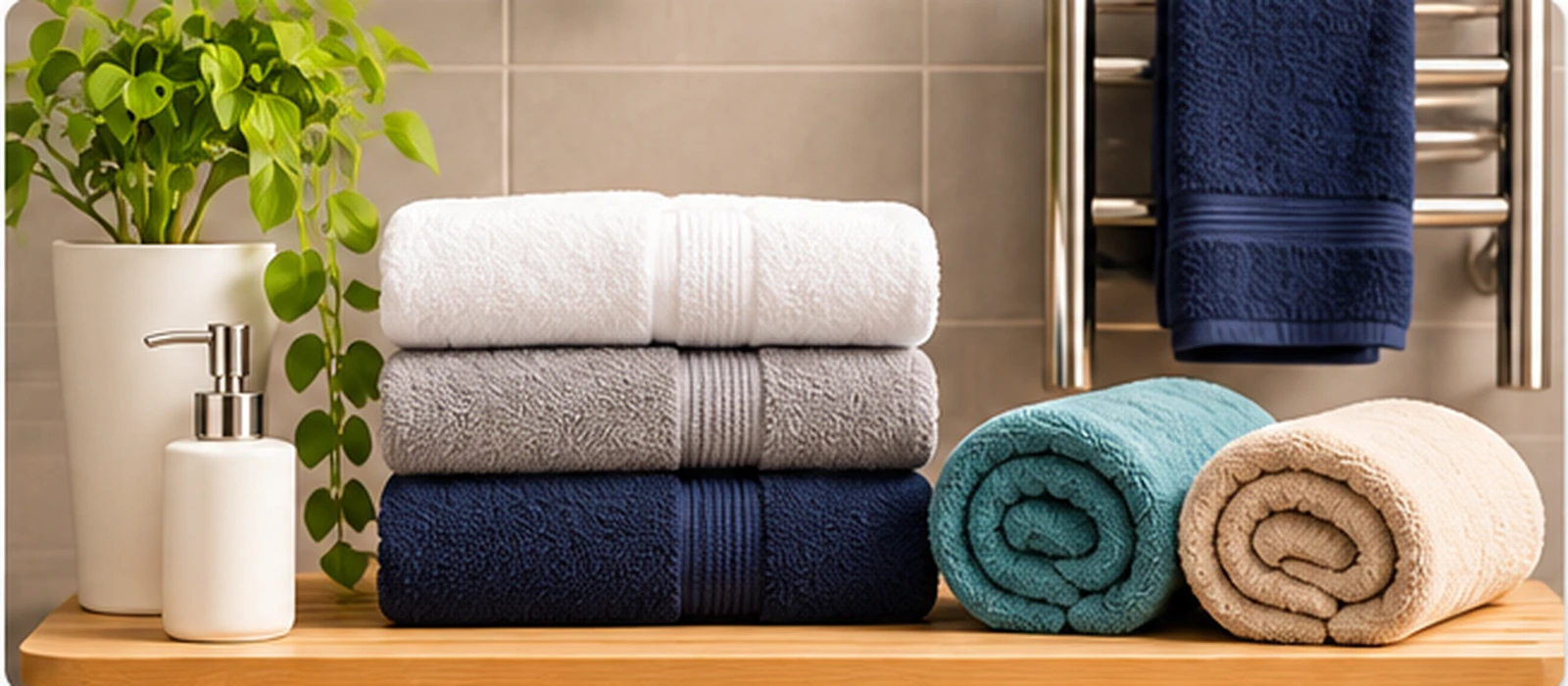 Folded white, grey and navy towels with rolled teal and beige towels on a bathroom countertop