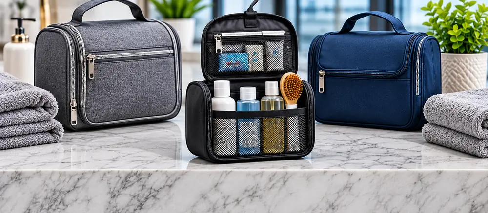 Travel toiletry organisers and wash bags displayed with personal care essentials