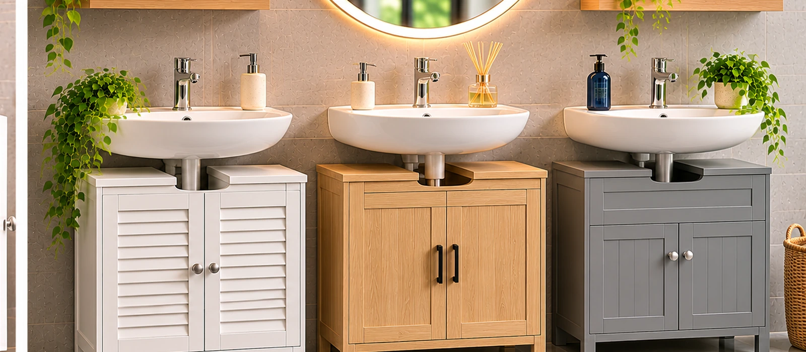 Under-sink bathroom storage cabinets in white, oak-effect and grey beneath bathroom basins