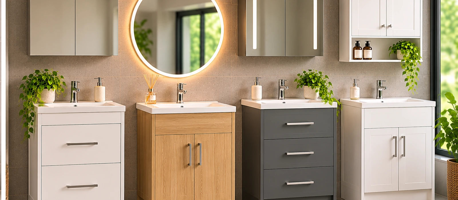 Bathroom vanity units in white, oak-effect, navy and grey finishes with basins and mirrors