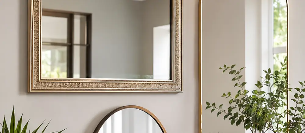 Decorative wall mirrors displayed above a console table in a modern interior