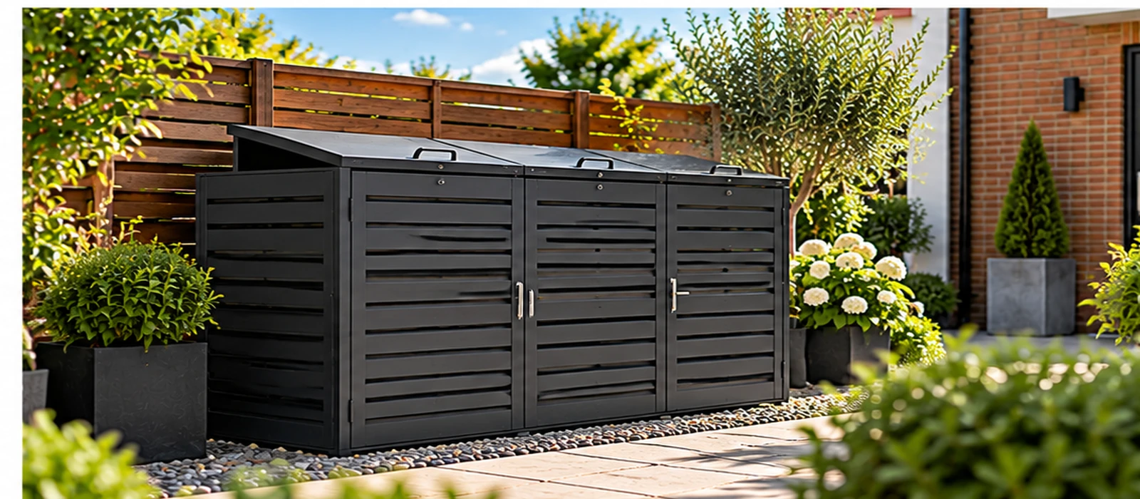 Modern charcoal wheelie bin storage enclosure beside a garden fence and contemporary home
