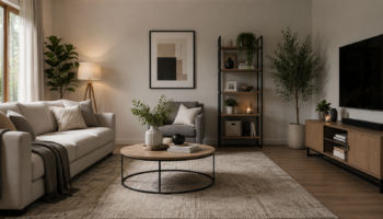 Modern living room featuring a comfortable sofa, coffee table, TV unit, shelving, lighting and decorative accessories. uk shopping place