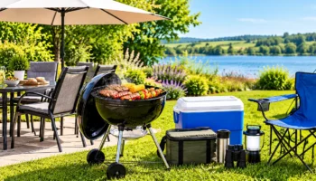 Garden furniture, barbecue and camping equipment in a sunny outdoor setting