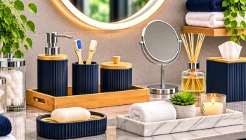 Bathroom accessories arranged on a countertop with a bamboo tray, navy soap dispenser, toothbrush holder, towels and decorative accents