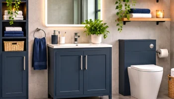 Modern bathroom with navy vanity unit, tall storage cabinet, shelving and matching bathroom furniture