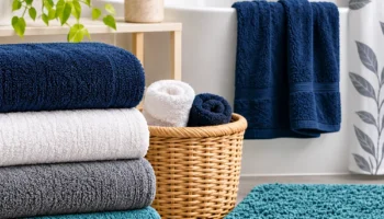 Folded bathroom towels in navy, white, grey and teal beside a bath mat