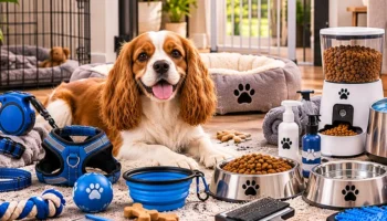 Jack Russell Terrier with dog beds, feeding bowls, grooming products and walking accessories