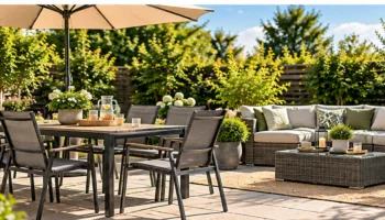 Garden furniture dining set and outdoor sofa seating arranged on a sunny patio