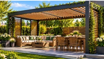 Garden gazebo with curtains and rattan seating in a landscaped garden