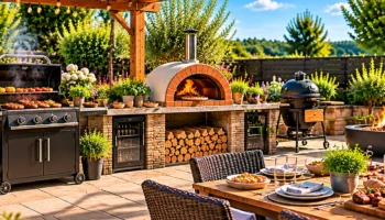 Outdoor kitchen with a BBQ, pizza oven, kamado grill and dining area beneath a pergola