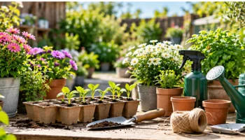 Garden plant care supplies with seedlings, watering can, pots and hand tools